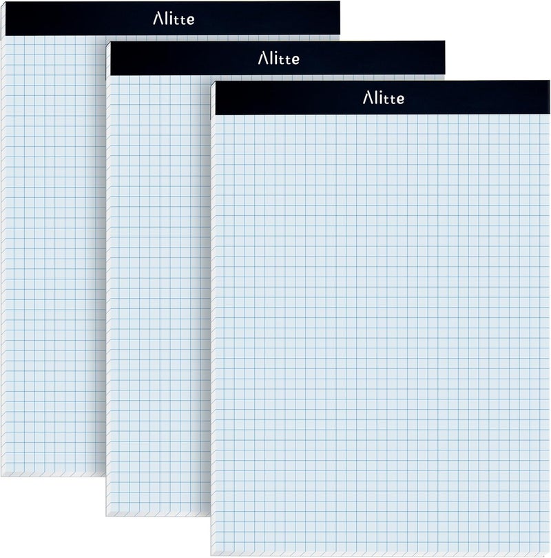Alitte Graph Paper Pad, Pack of 3, White Letter Size - 4x4 Quad Grid Paper, With Blue Lines - Easy-Tear Perforations, 11x8.5 Cardboard Backing - Graph Notepads for School, Office -50 Sheets per Pad - Image 1